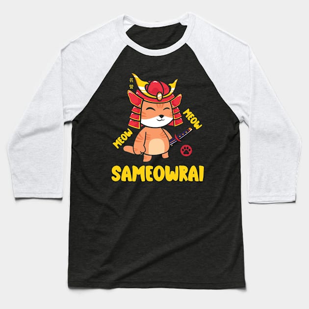 Meow Meow Samurai Cat Baseball T-Shirt by ChasingTees